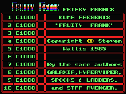 Fruity Frank (MSX) screenshot: High score table.