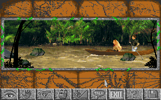 Amazon: Guardians of Eden (DOS) screenshot: Paddling a canoe down the river. (VGA)