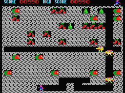 Fruity Frank (MSX) screenshot: Dig yourself a path and avoid or destroy all monsters.