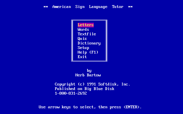 American Sign Language Tutor (DOS) screenshot: Main menu