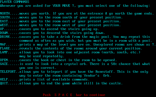 Amulet of Yendor (DOS) screenshot: Introductory information: Player commands