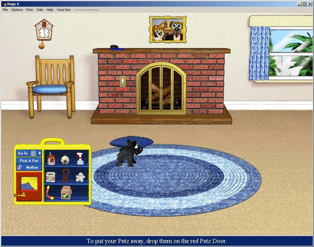 Dogz 4 (Windows) screenshot: Here we are with our adopted puppy at home.<br>There are active areas in the background to look out for, for example the switch on the wall turns on the fire