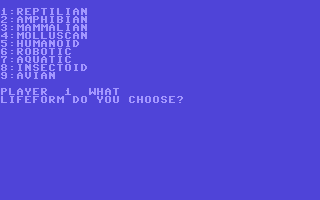 Andromeda Conquest (Commodore 64) screenshot: What lifeform do you want to be?