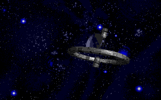 Arctic Moves (DOS) screenshot: Intro: something fishy about the way that UFO docked with this orbital space station...