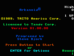 Arkanoid (TRS-80 CoCo) screenshot: Title screen (Coco 3)