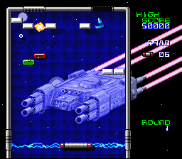 Arkanoid: Doh It Again (SNES) screenshot: A battle rages on in the background while blocks are attacked in the foreground