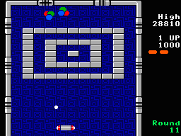Arkanoid (TRS-80 CoCo) screenshot: Silver bricks require multiple hits to destroy (Coco 3)