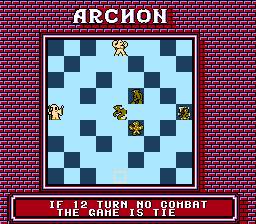 Archon: The Light and the Dark (NES) screenshot: The NES port has a new gameplay rule that encourages combat. If no battle has been fought for quite a while the game ends in a stalemate