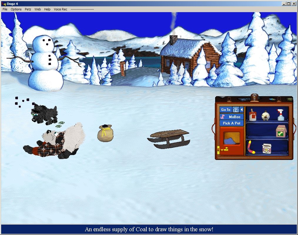 Dogz 4 (Windows) screenshot: The Winter Wonderland background and another playmate<br>Despite what the caption says drawing in the snow is hard because the puppy messes it up