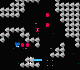 Artelius (NES) screenshot: The red dots are enemies. The blue house below is a point where you can rest and buy supplies
