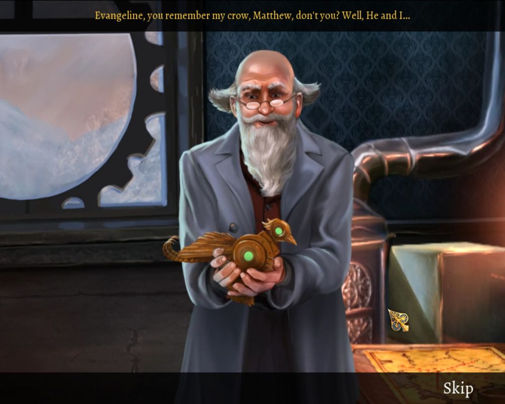 Clockwork Tales: Of Glass and Ink (Collector's Edition) (Linux) screenshot: Dr. Ink is reintroducing me to his mechanical crow, Matthew.