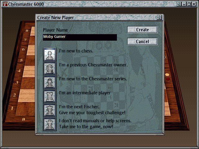 Chessmaster 6000 (Windows) screenshot: Once the game has loaded the player either logs in using an existing identity or, as shown here, they create a new identity