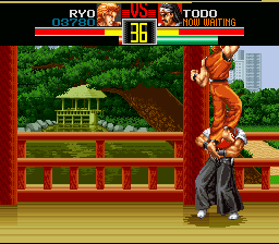 Art of Fighting (SNES) screenshot: And finish with an uppercut. Inflicts anywhere from 50 to 70% of damage!