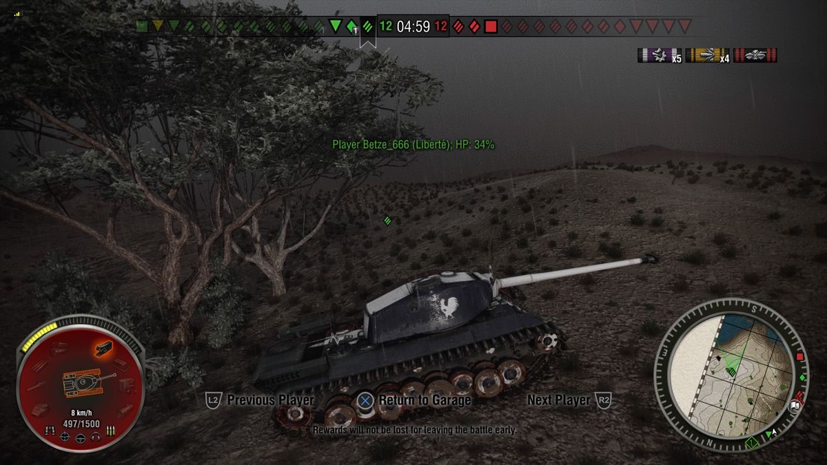 World of Tanks: Liberté (PlayStation 4) screenshot: Allied tank camera showing Liberte from the profile on a desert terrain