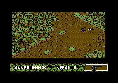 Arnie Savage: Combat Commando (Commodore 64) screenshot: Picking up a gun that was dropped by an enemy.