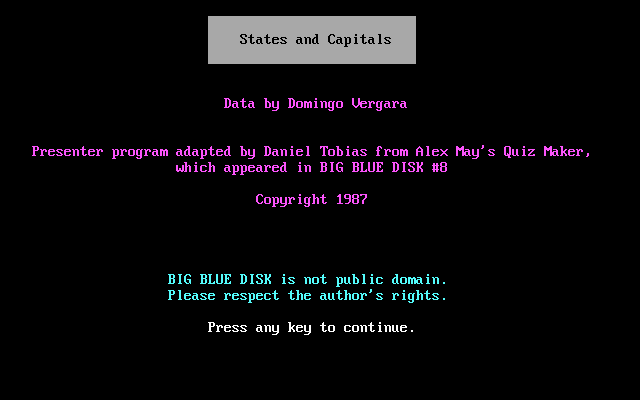 States and Capitals (DOS) screenshot: Title screen