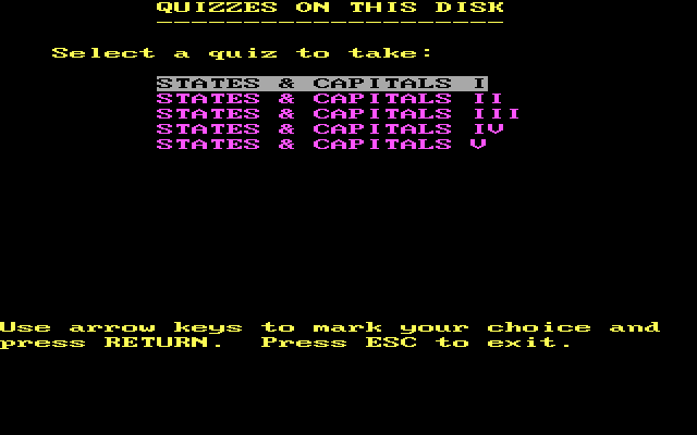 States and Capitals (DOS) screenshot: Main menu