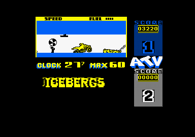 ATV Simulator (Amstrad CPC) screenshot: Icebergs adds a new obstacle in ball-bouncing seals.