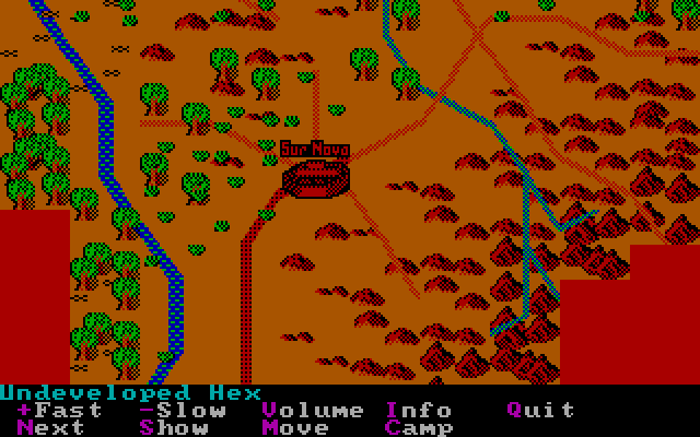 Sword of Aragon (DOS) screenshot: West of World Map. Overlooking the magical city of Sur Nova.