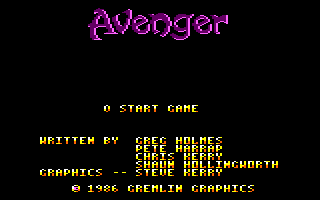 Avenger (Amstrad CPC) screenshot: Title and main menu
