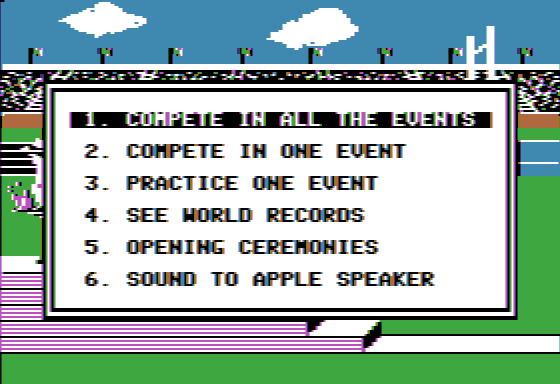 Summer Games (Apple II) screenshot: The main menu