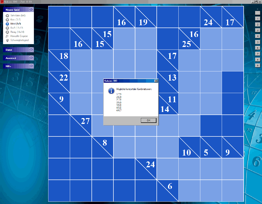 Kakuro XXL (Windows) screenshot: This help function shows all possible calculations for this row (demo version)