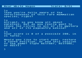 Ballyhoo (Atari 8-bit) screenshot: That wordplay reveals the kind of pitfall only possible in a text game.