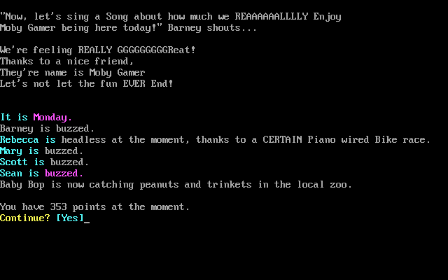 BarneySplat (DOS) screenshot: Song, status report and score