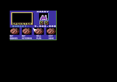 The Basket Manager (Commodore 64) screenshot: Buy or sell rookies and veterans.