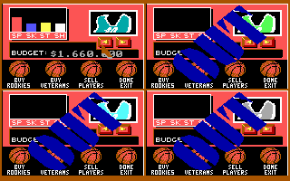 The Basket Manager (DOS) screenshot: Budget, team colors, and team stats (EGA/VGA)