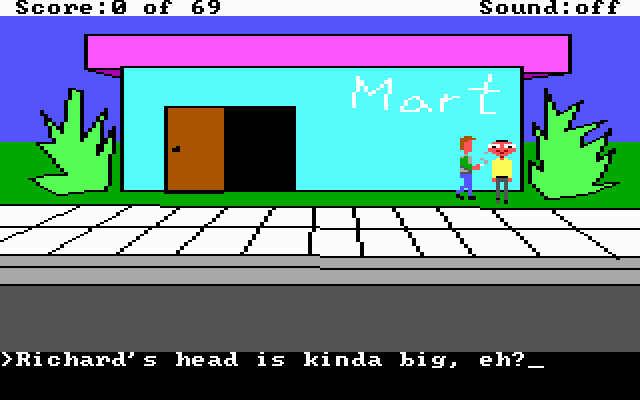 Fuck Quest (DOS) screenshot: Outside the Mart! The dude smoking is Jeff...celebrating his recent 'score'
