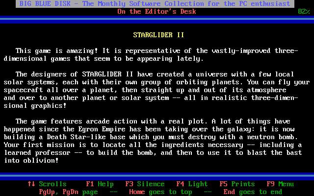 Big Blue Disk #40 (DOS) screenshot: Reading a review (dark mode)