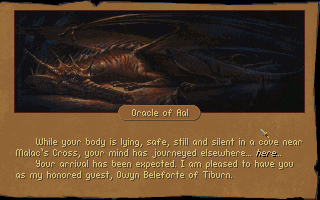 Betrayal at Krondor (DOS) screenshot: The oracle appears to be a very old and very big dragon who seems to be only interested in Owyn.