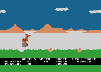 BC's Quest for Tires (Atari 8-bit) screenshot: Jumping an early hazard