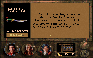 Betrayal at Krondor (DOS) screenshot: Each item has unique descriptions. Weapons and armor have a "more info" button, describing its combat statistics.