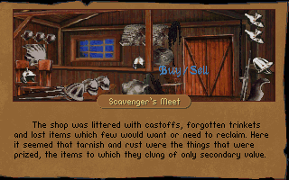 Betrayal at Krondor (DOS) screenshot: There are a different shops in the land, specializing in different merchandise for you to buy and sell items.