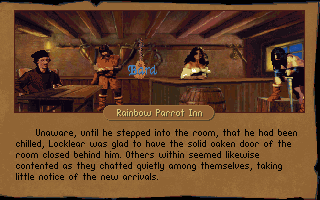 Betrayal at Krondor (DOS) screenshot: Taverns and Inns are a great source for information and to stock up provisions. An experienced bard may also gain money if he performs well enough or get kicked out!