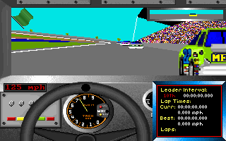 Bill Elliott's NASCAR Challenge (DOS) screenshot: Cockpit view, with infobox. The game includes Buicks, Oldsmobiles and Mercurys, because they all were a part of NASCAR in 1991.