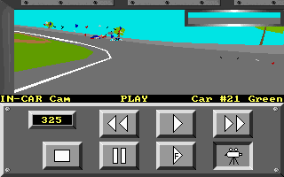Bill Elliott's NASCAR Challenge (DOS) screenshot: Example of what a crash looks like from a competitor's viewpoint. There are only about six different bitmaps: front, back, side-front, side-back and side, so watching a car spin is not realistic.