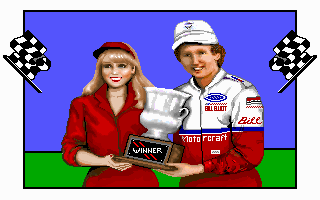Bill Elliott's NASCAR Challenge (DOS) screenshot: Typical screen if Bill Elliott wins the race. If you win, you get a different screen. If a fictional driver wins the race, no screen appears.
