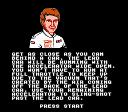 Bill Elliott's NASCAR Challenge (NES) screenshot: Bill Elliott help you with good tips in Practice Mode