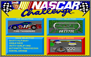 Bill Elliott's NASCAR Challenge (DOS) screenshot: Main menu for BENC - note settings box