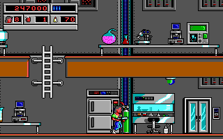 Bio Menace (DOS) screenshot: In the "Genetics" you must open those glass doors for bonuses.