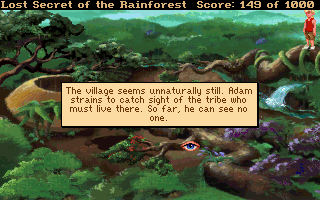 Lost Secret of the Rainforest (DOS) screenshot: Over the village