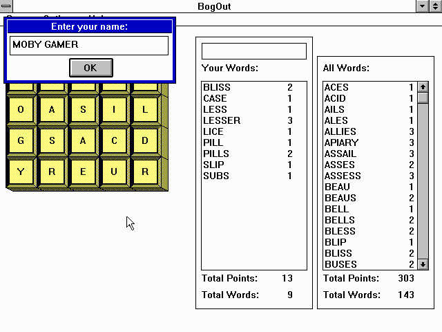BogOut (Windows 3.x) screenshot: Once I realised you could move diagonally, my score went way up. The computer's, unfortunately, remained pretty constant 8)