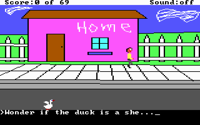Fuck Quest (DOS) screenshot: Richard's home...and yes that's a duck on the street