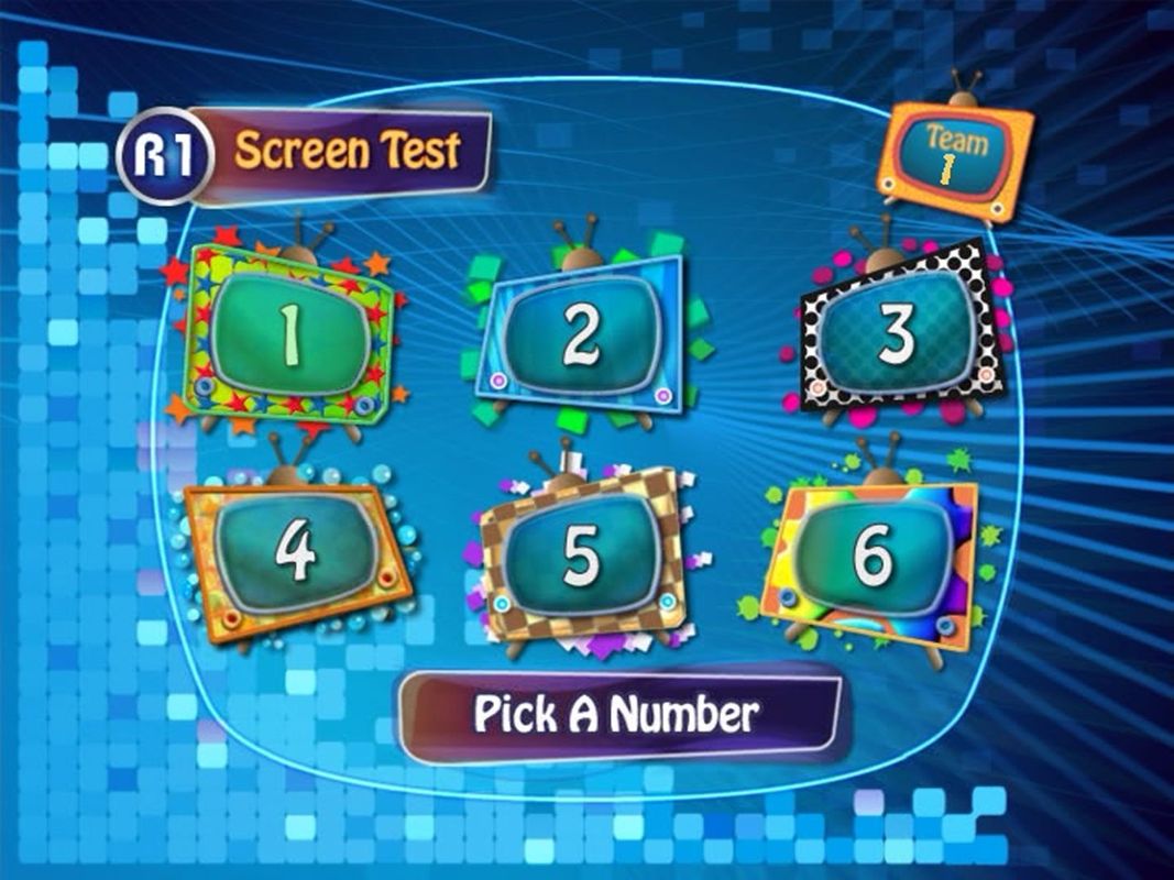 Telly Addicts (DVD Player) screenshot: Round One: Screen Test: The teams take turns to pick a numbered TV set.