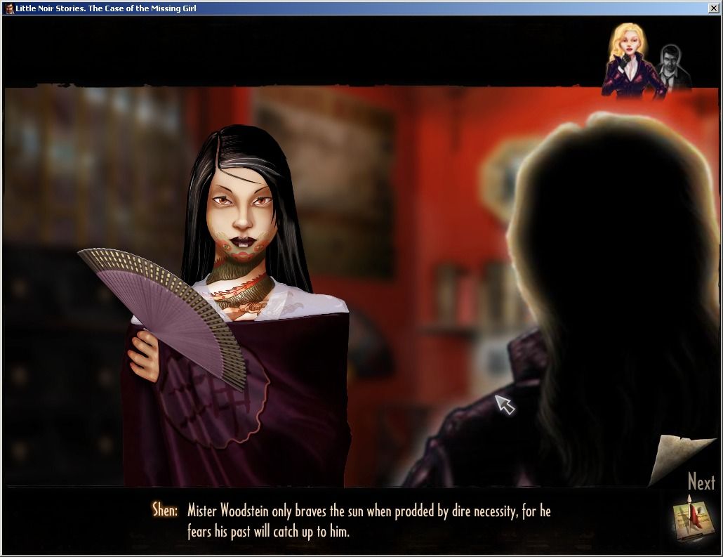 Little Noir Stories: The Case of the Missing Girl (Windows) screenshot: Amelia talking to Shen