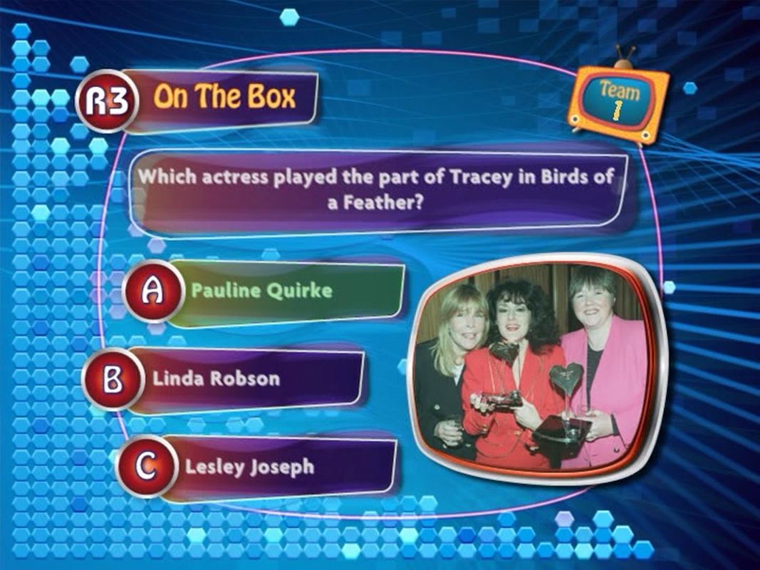 Telly Addicts (DVD Player) screenshot: Round Three: On The Box<br>The first question is worth two points and typically asks the player to identify a TV personality or the role they play