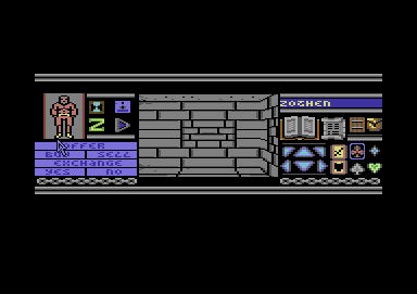 Bloodwych (Commodore 64) screenshot: During the game, you are free to buy, sell, or exchange items between your members